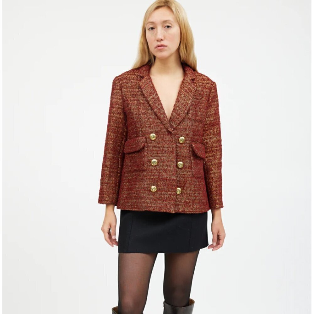 Smythe Orange Metallic Wool Tweed Blazer Size 6
